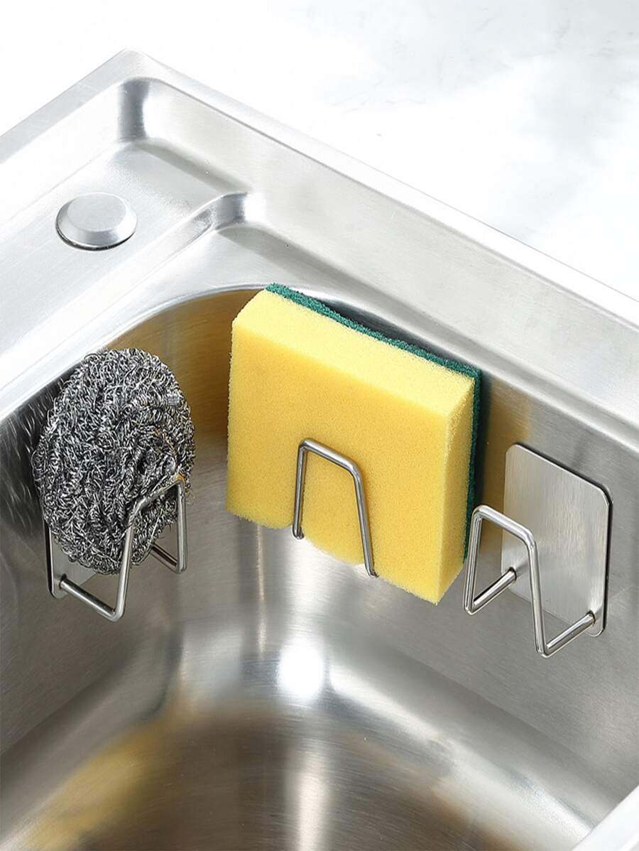 1 pieza Soporte de esponja sin taladro, estantería de esponja montada en la pared, rejilla de drenaje de acero inoxidable para el fregadero - Plateado - Ver 1