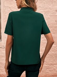 SHEIN LUNE Solid Half Zipper Ring Detail Blouse - Dark Green - View 2
