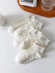 5入組卡通熊印花女士踝襪