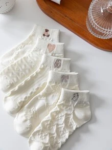 5入組卡通熊印花女士踝襪