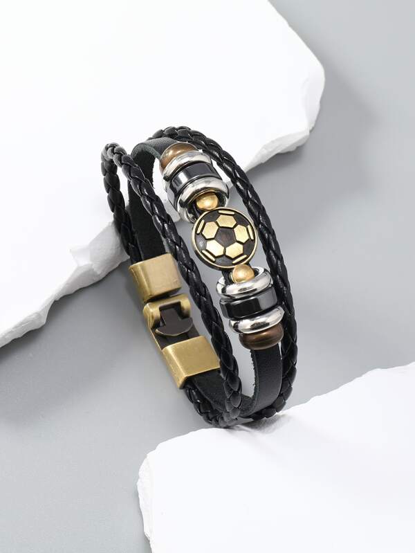 Fashionable and Popular Men Soccer Decor Layered Bracelet PU for Jewelry Gift and for a Stylish Look