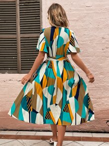 SHEIN Holidaya Allover Print Butterfly Sleeve Belted Dress - Multicolor - View 2