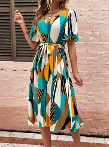 SHEIN Holidaya Allover Print Butterfly Sleeve Belted Dress - Multicolor - View 3