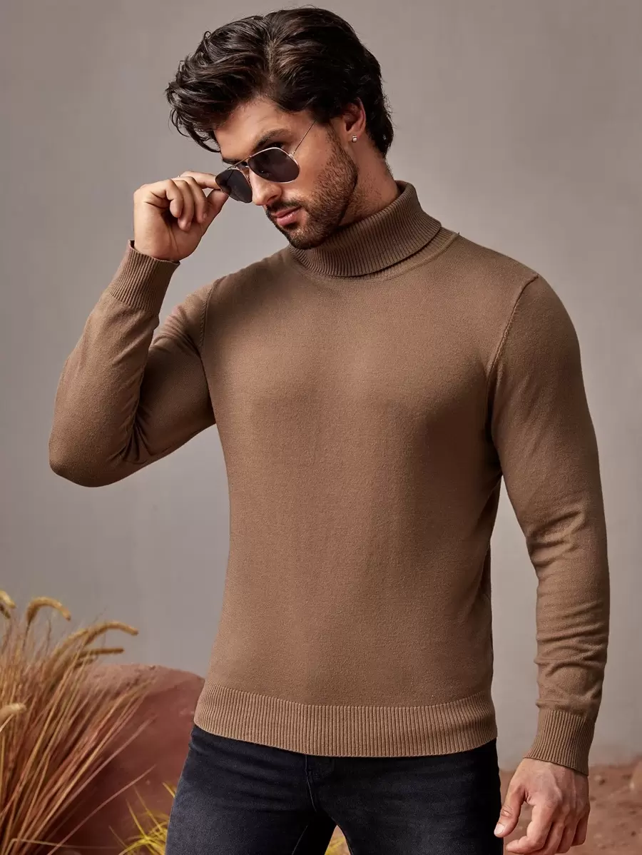 Manfinity VCAY Hombres Jersey unicolor cuello alto - Marrón Mocha - Ver 1
