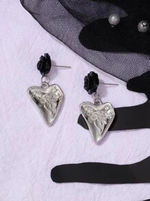 Flower Detail Heart Drop Earrings - Multicolor - View 1