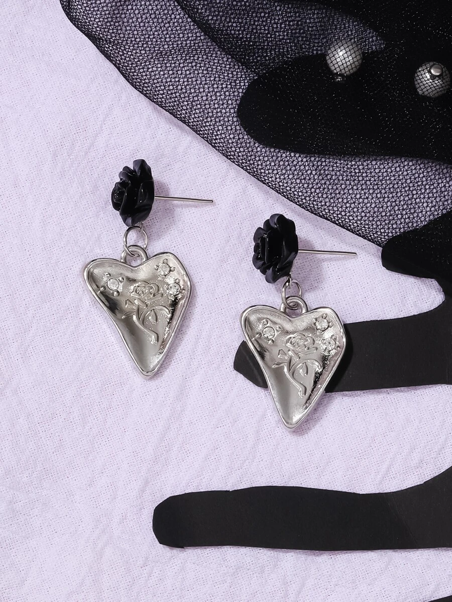 Flower Detail Heart Drop Earrings - Multicolor - View 1