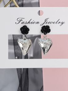 Flower Detail Heart Drop Earrings - Multicolor - View 2