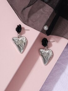 Flower Detail Heart Drop Earrings - Multicolor - View 4