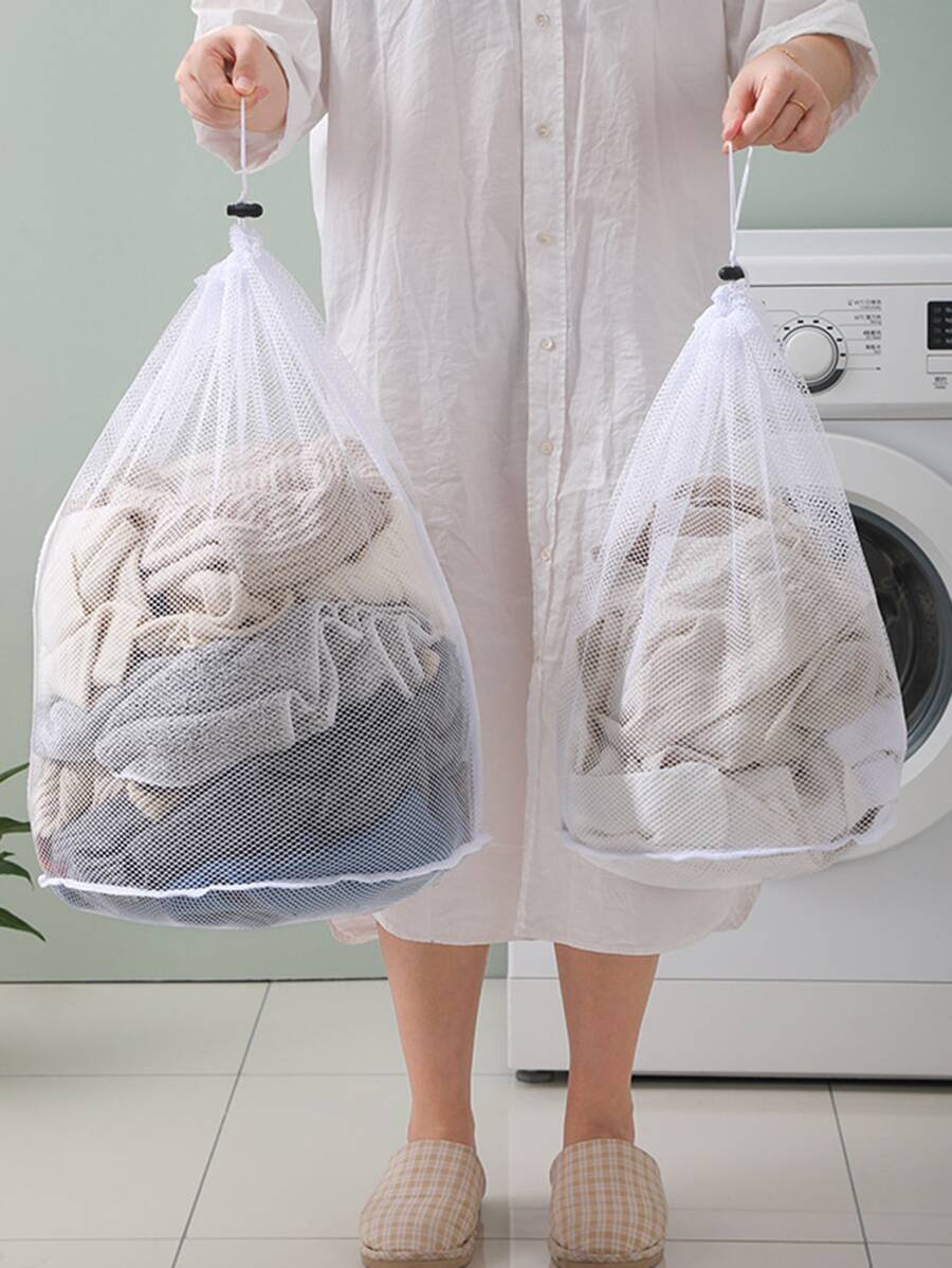 1pc Drawstring Design Laundry Bag, Simple Polyester Mesh Lingerie Wash Bag For Laundry Dress Pants Shoes Jeans Boots Skirt,Spring,Minimalist,Summer Tops - White - View 1
