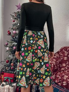 Christmas Print Belted Dress - Green - View 2