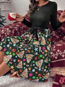 Christmas Print Belted Dress - Green - View 4