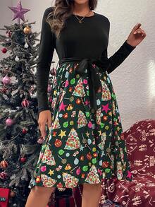 Christmas Print Belted Dress - Green - View 5