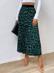 SHEIN Privé Leopard Print Pleated Skirt - Dark Green - View 1