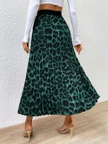 SHEIN Privé Leopard Print Pleated Skirt - Dark Green - View 2