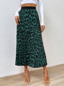 SHEIN Privé Leopard Print Pleated Skirt - Dark Green - View 4