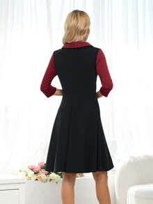 撞色前紐扣連衣裙 - 紅色 - 查看 2