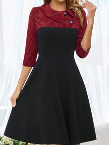 撞色前紐扣連衣裙 - 紅色 - 查看 4