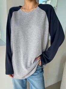 DAZY Blusa de manga raglán con bloques de color, manga larga, blusas para mujer, ropa de mujer para otoño - Gris - Ver 4