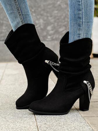 Botas de tacón grueso con decoración de cadena para mujer, otoño/invierno 2025. Botas holgadas de ante sintético de moda para exteriores