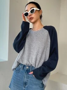 DAZY Blusa de manga raglán con bloques de color, manga larga, blusas para mujer, ropa de mujer para otoño - Gris - Ver 7