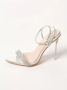 Women Rhinestone Decor Stiletto Heeled Ankle Strap Sandals, Glamorous Banquet Heeled Sandals - Silver - View 3