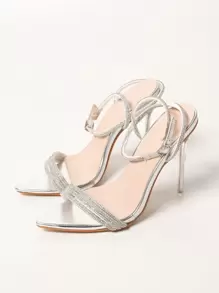 Women Rhinestone Decor Stiletto Heeled Ankle Strap Sandals, Glamorous Banquet Heeled Sandals - Silver - View 4