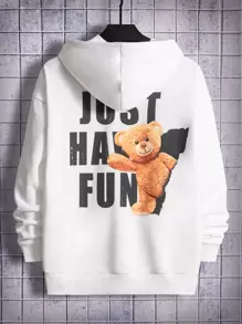 Manfinity Men Bear & Letter Graphic Drop Shoulder Drawstring Hoodie - White - View 1