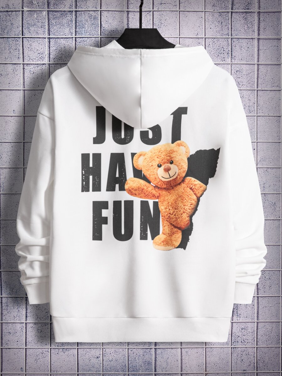 Manfinity Men Bear & Letter Graphic Drop Shoulder Drawstring Hoodie - White - View 1