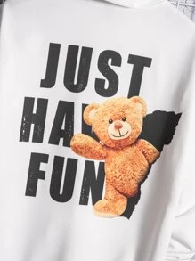 Manfinity Men Bear & Letter Graphic Drop Shoulder Drawstring Hoodie - White - View 3