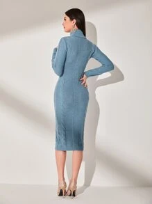 Modelyn High Neck Cable Knit Jumper Dress Without Belt - Dusty Blue - View 2