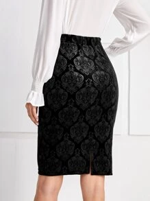 EMERY ROSE Baroque Jacquard Velvet Pencil Skirt - Black - View 2