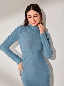 Modelyn High Neck Cable Knit Jumper Dress Without Belt - Dusty Blue - View 5