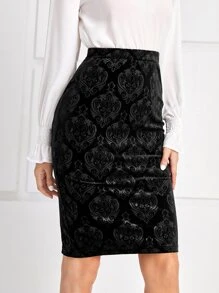 EMERY ROSE Baroque Jacquard Velvet Pencil Skirt - Black - View 4