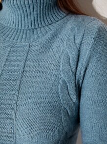 Modelyn High Neck Cable Knit Jumper Dress Without Belt - Dusty Blue - View 6