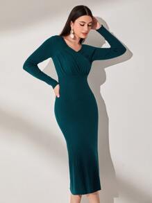 Modelyn Solid Surplice Neck Jumper Dress - Teal Blue - View 1