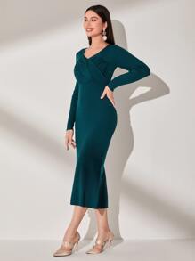 Modelyn Solid Surplice Neck Jumper Dress - Teal Blue - View 3