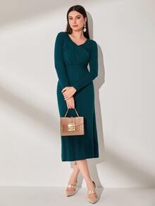 Modelyn Solid Surplice Neck Jumper Dress - Teal Blue - View 4