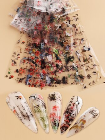 FULL BEAUTY 10pcs Chinese Ink Painting Style Peony, Crane & Chinese Characters Nail Art Transfer Decals (Non-Adhesive) DIY Nail Charms Nail Gems Nail Supplies
