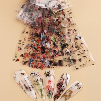 FULL BEAUTY 10pcs Chinese Ink Painting Style Peony, Crane & Chinese Characters Nail Art Transfer Decals (Non-Adhesive) DIY Nail Charms Nail Gems Nail Supplies Nails Nail Stickers