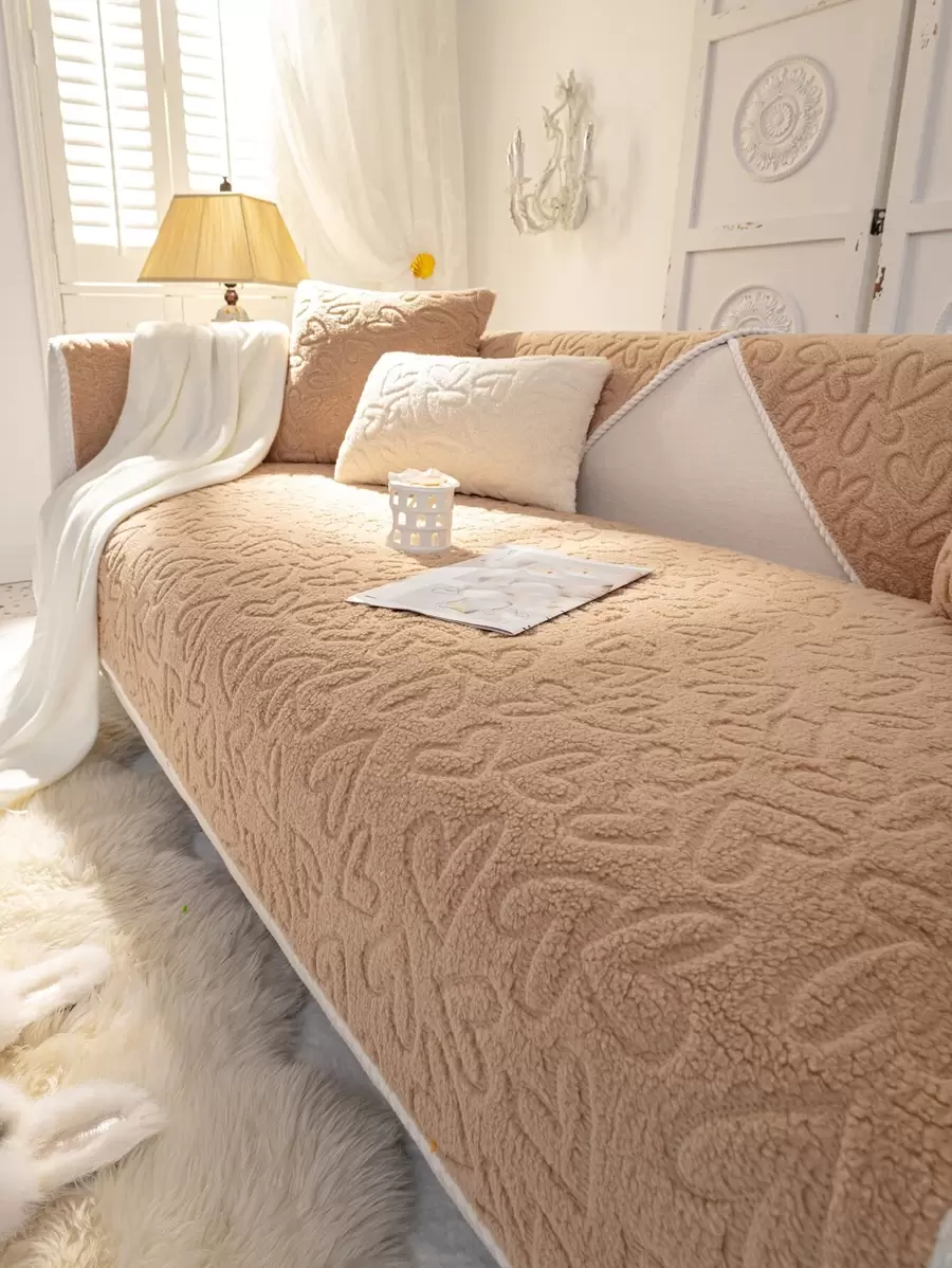 1pc Plus Fleece Thick Heart Jacquard Sofa Towel - Coffee Brown - View 1