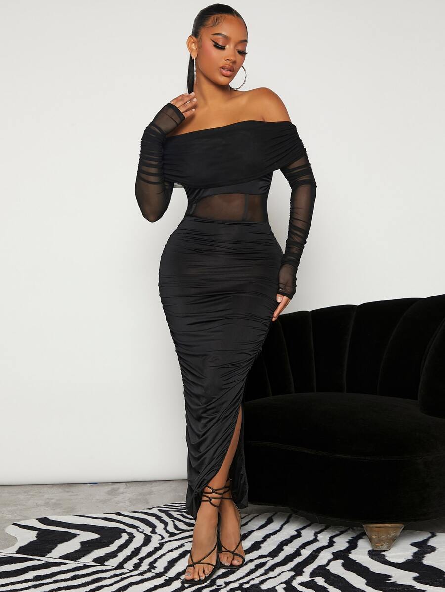 SHEIN SXY Đầm Xù Tách cao Tương phản Mesh màu trơn Thanh lịch - màu đen - Xem 1