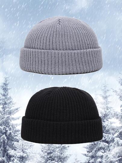 2 piezas Gorro con puños de punto liso para hombre para la vida diaria
