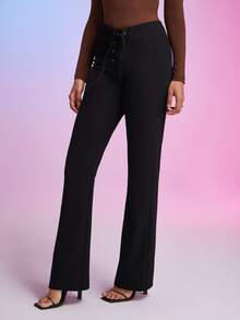 SHEIN BAE Pantalones rectos con cordón delantero - Negro - Ver 3