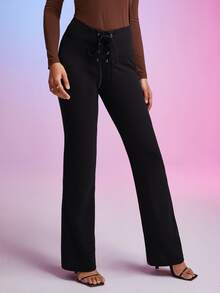 SHEIN BAE Pantalones rectos con cordón delantero - Negro - Ver 5