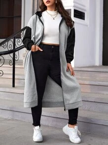 SHEIN Essnce Plus Colourblock Drop Shoulder Drawstring Hoodie - Grey - View 3