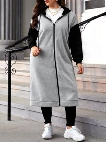 SHEIN Essnce Plus Colourblock Drop Shoulder Drawstring Hoodie - Grey - View 4