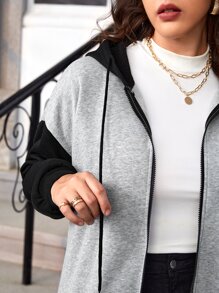 SHEIN Essnce Plus Colourblock Drop Shoulder Drawstring Hoodie - Grey - View 5