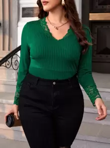 SHEIN Clasi Plus Contrast Lace Ribbed Knit Tee - Dark Green - View 1