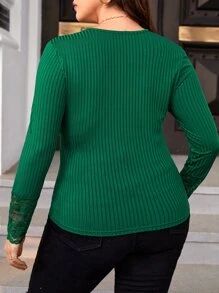 SHEIN Clasi Plus Contrast Lace Ribbed Knit Tee - Dark Green - View 2