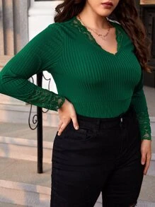 SHEIN Clasi Plus Contrast Lace Ribbed Knit Tee - Dark Green - View 4